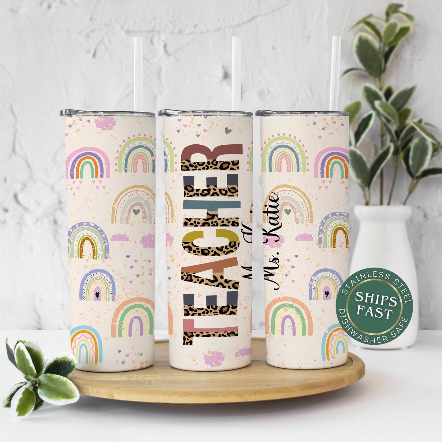 Custom Rainbow Teacher Tumbler - Personalized Travel Cup Gift for Educators