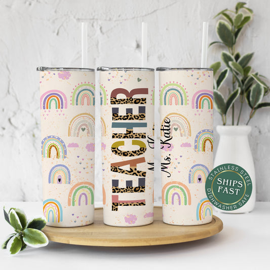 Custom Rainbow Teacher Tumbler - Personalized Travel Cup Gift for Educators