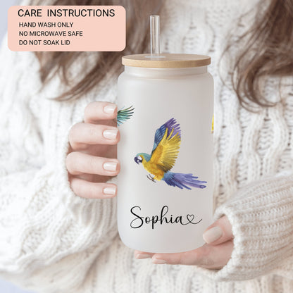 Personalized Parrot Glass Tumbler - Custom Frosted Cup for Coffee Lovers