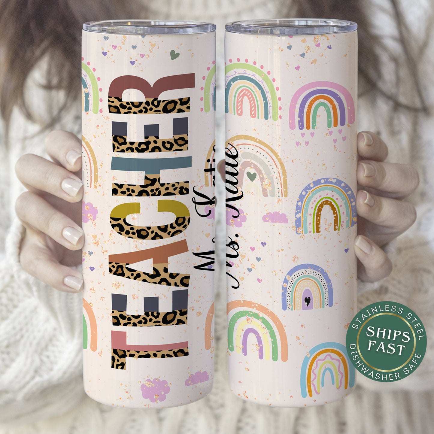Teacher Tumbler Personalized Personalized, Rainbow Teacher Tumbler Personalized, Custom Teacher Gift For Teacher, Rainbow Teacher Travel Cup