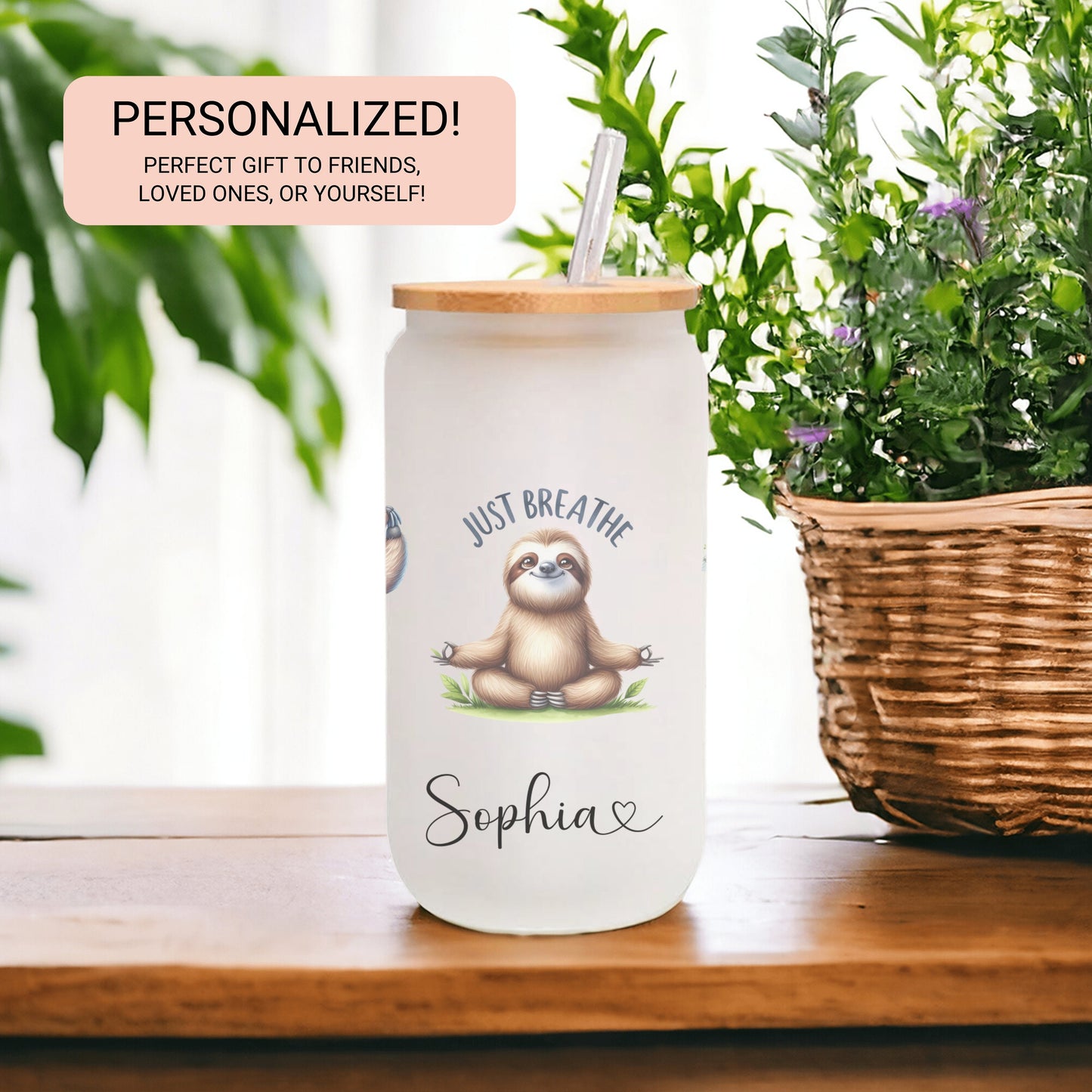 Personalized Sloth Yoga Glass Tumbler - Custom Iced Coffee Cup