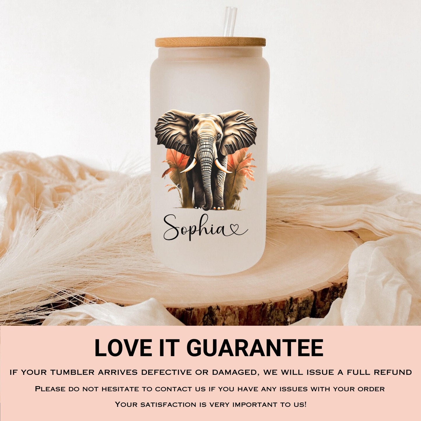 Personalized Elephant Glass Cup - Custom Frosted Iced Coffee Tumbler Gift for Her