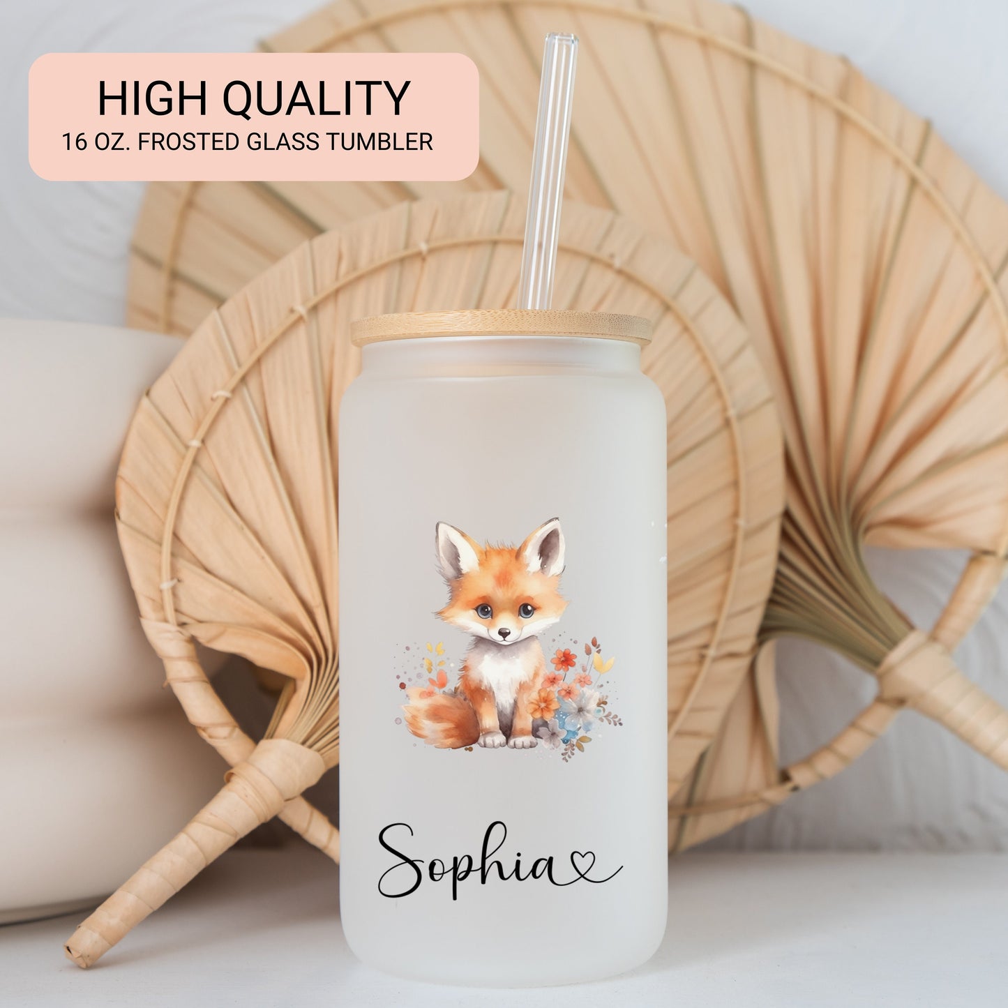 Personalized Fox Frosted Glass Cup - Custom Iced Coffee Tumbler for Fox Lovers