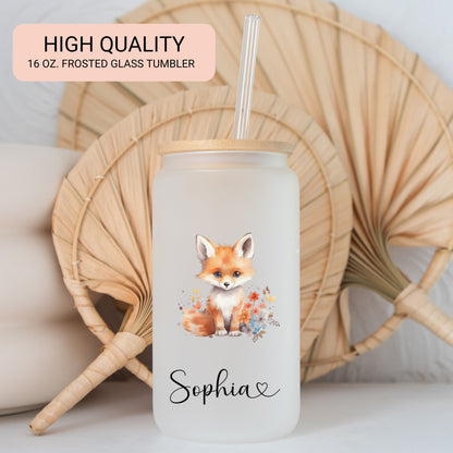 Personalized Fox Frosted Glass Cup - Custom Iced Coffee Tumbler for Fox Lovers