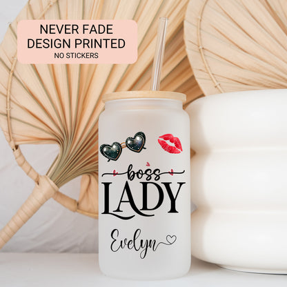 Lady Boss Cup Personalized, Lady Boss Glass Cup, Custom Lady Boss Frosted Glass Cup, Lady Boss Glass Tumbler, Lady Boss Iced Coffee Cup