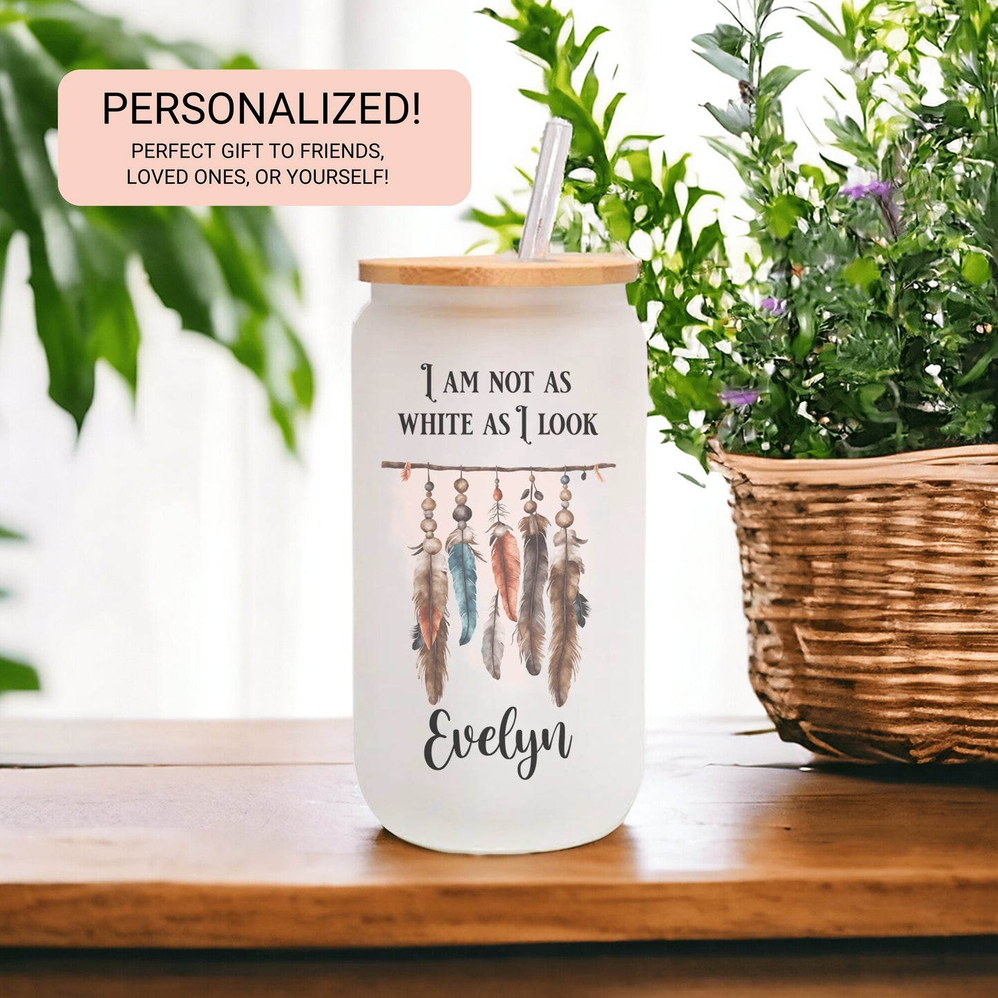 Custom Native American Frosted Glass Cup - Personalized Iced Coffee Drinkware