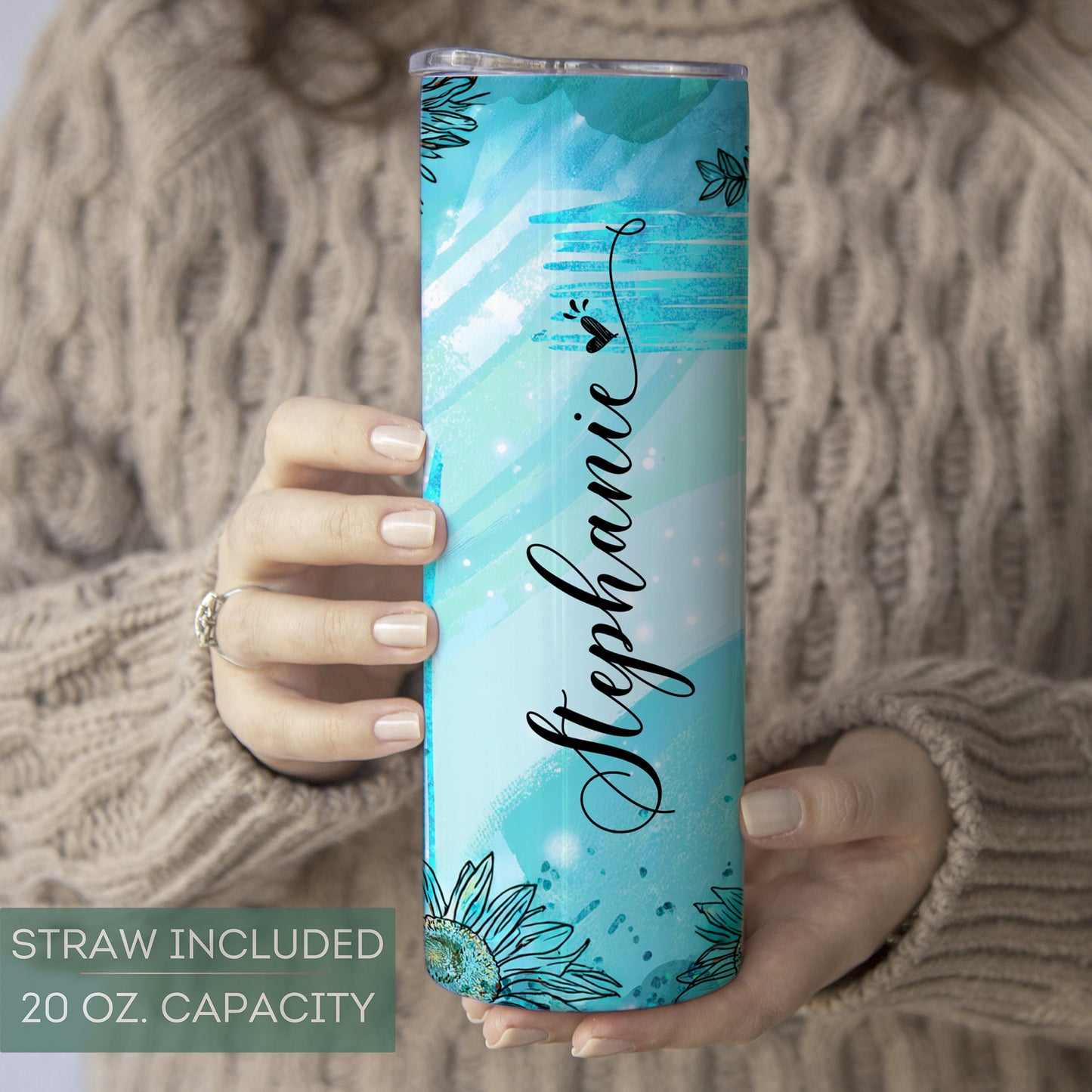 Personalized Teal Sunflower Tumbler - Custom Gift for Women
