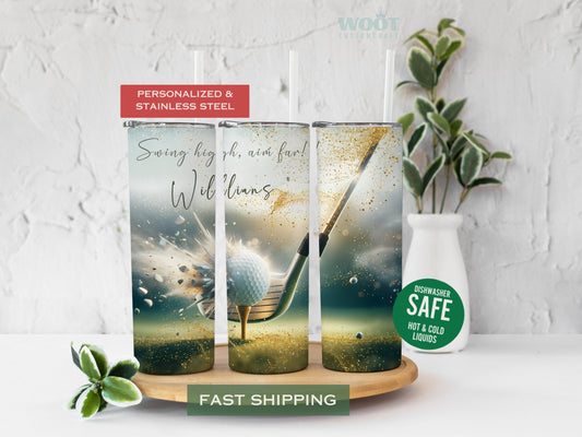 Three tumblers show all sides of a Golf Tumbler. There is a golf ball, a golf club,  glitter, and a personalized name.