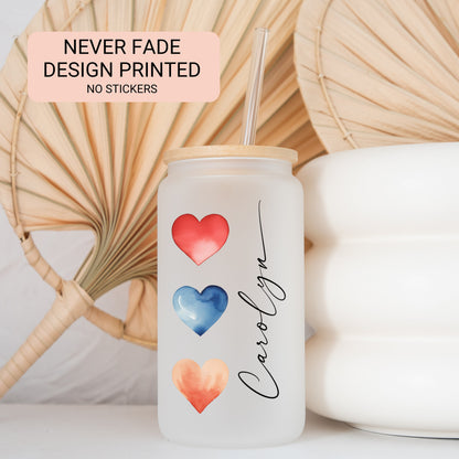 Personalized Watercolor Heart Tumbler - Frosted Glass Gift for Coffee Lovers