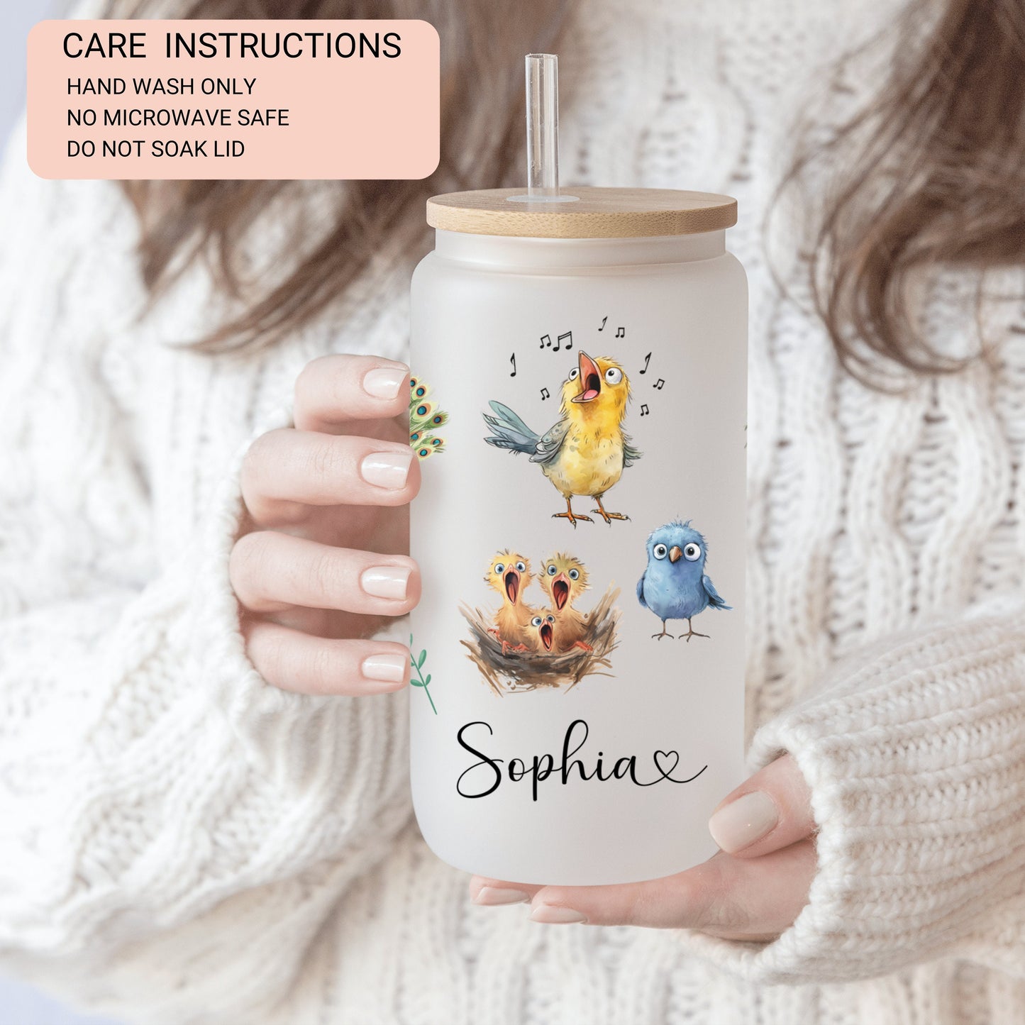 Personalized Funny Bird Glass Cup - Custom Frosted Tumbler for Iced Coffee