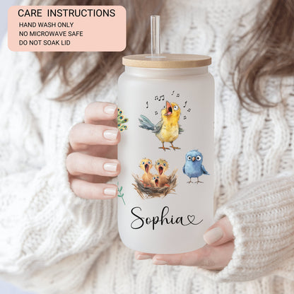 Personalized Funny Bird Glass Cup - Custom Frosted Tumbler for Iced Coffee