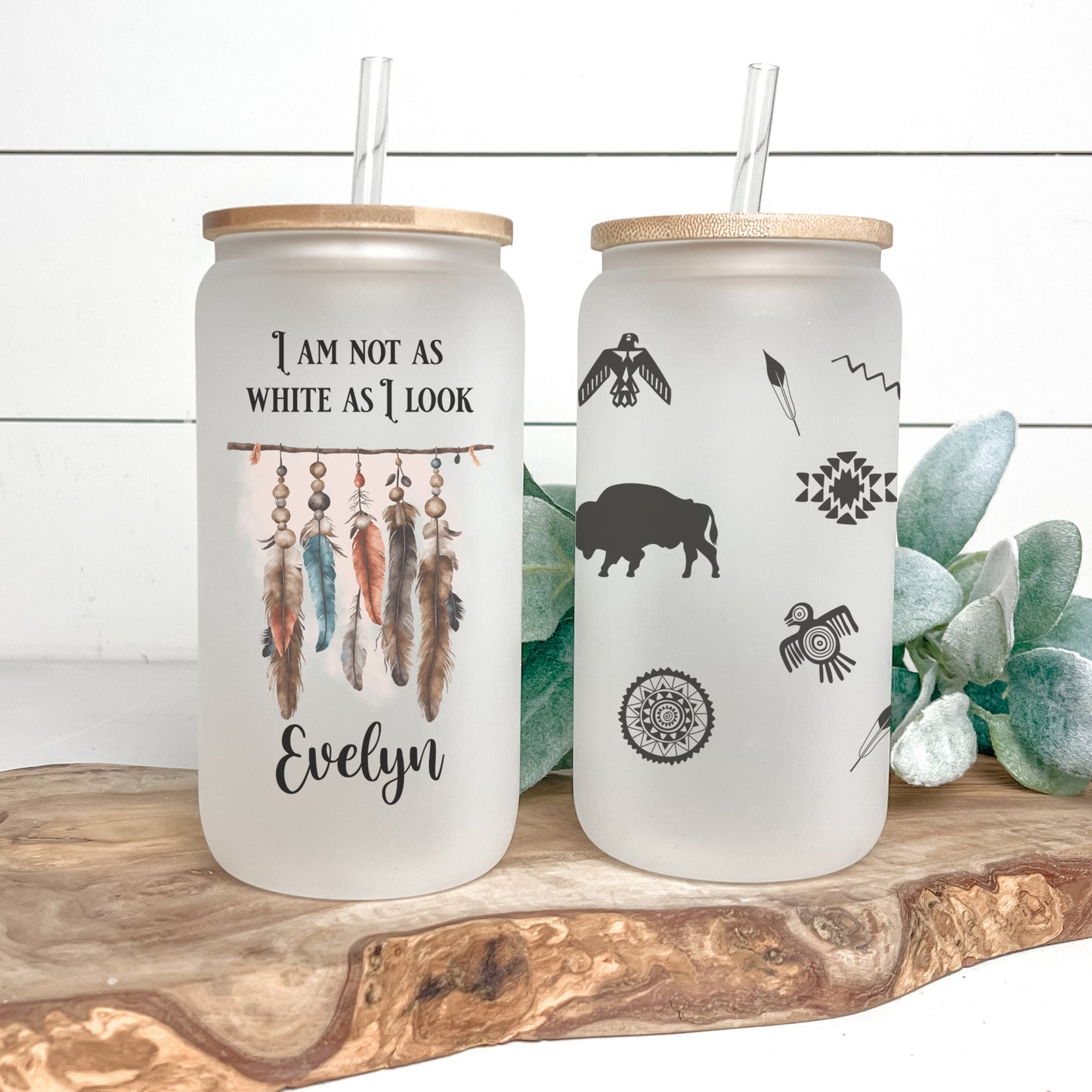 Custom Native American Frosted Glass Cup - Personalized Iced Coffee Drinkware