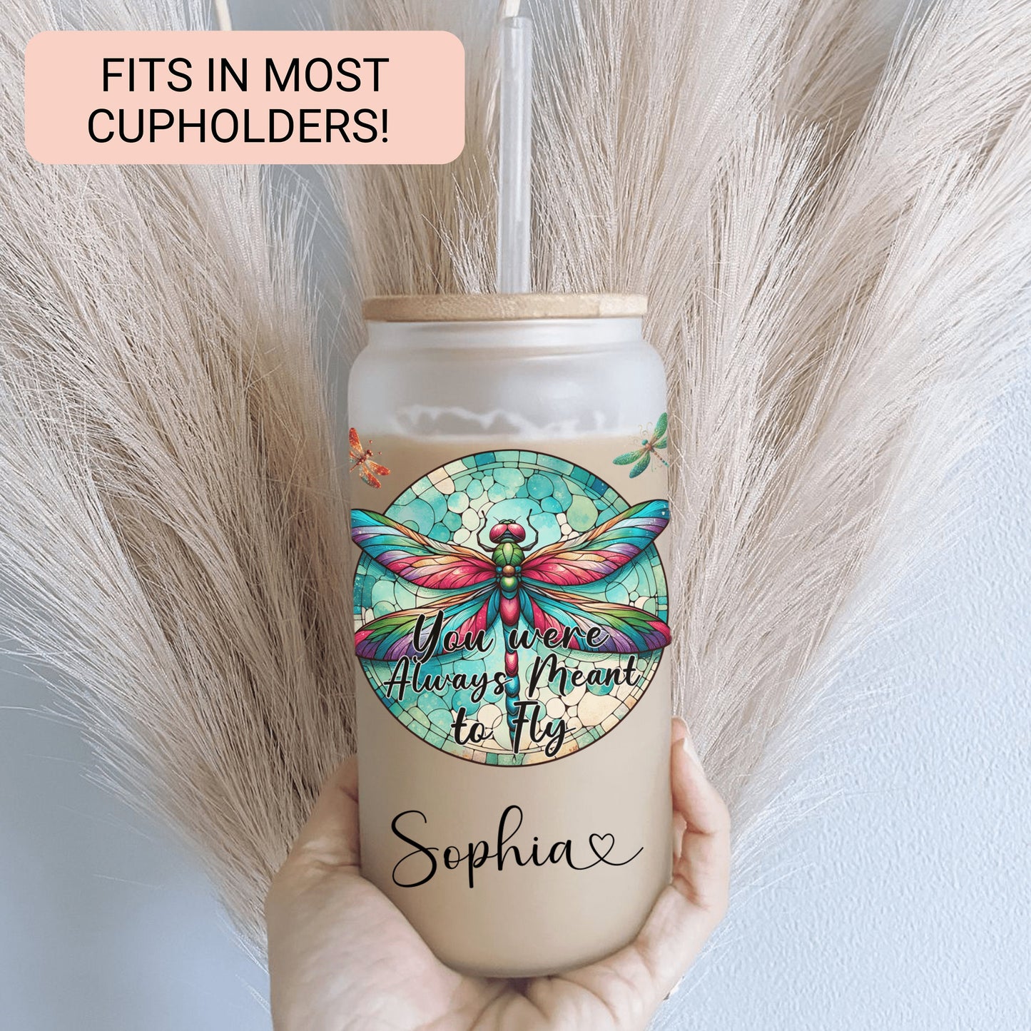 Personalized Dragonfly Glass Cup - Custom Frosted Tumbler for Coffee Lovers