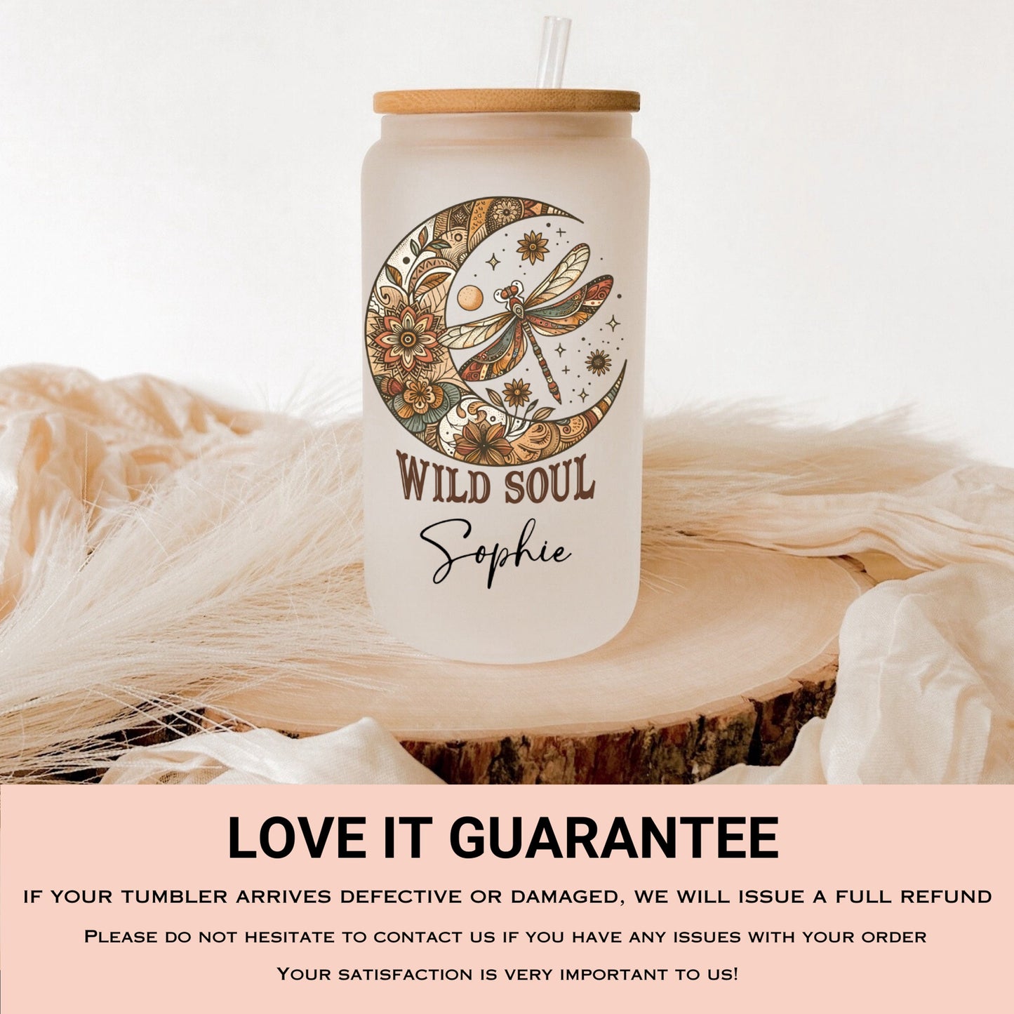 Personalized Dragonfly Glass Cup - Custom Positive Quote Frosted Design