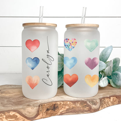 Personalized Watercolor Heart Tumbler - Frosted Glass Gift for Coffee Lovers