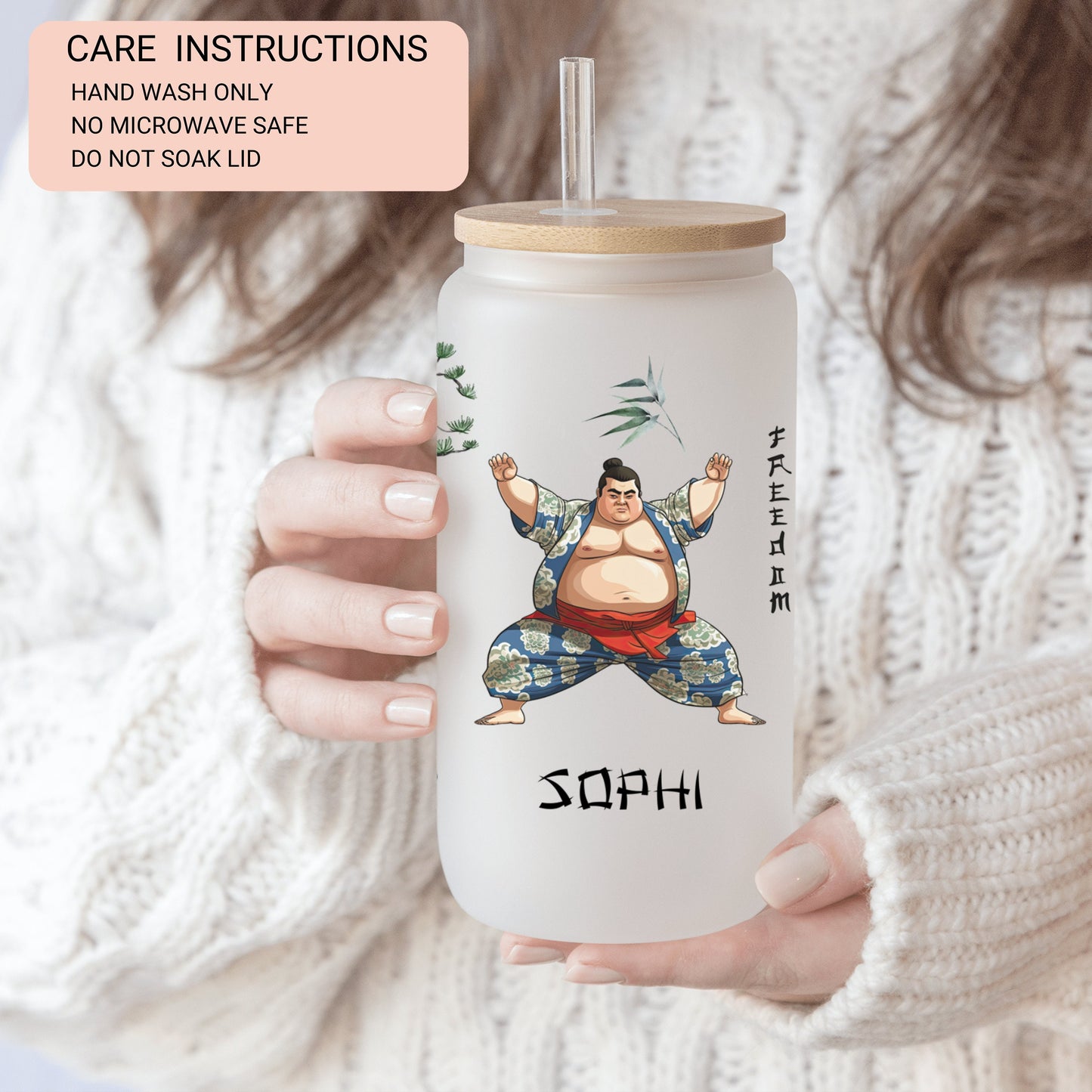 Personalized Japanese Sumo Glass Cup - Custom Iced Coffee Tumbler Gift