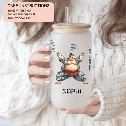 Personalized Japanese Sumo Glass Cup - Custom Iced Coffee Tumbler Gift