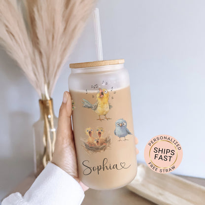 Personalized Funny Bird Glass Cup - Custom Frosted Tumbler for Iced Coffee