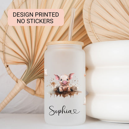 Pig Frosted Glass Cup Pig Glass Tumbler Pig Iced Coffee Cup