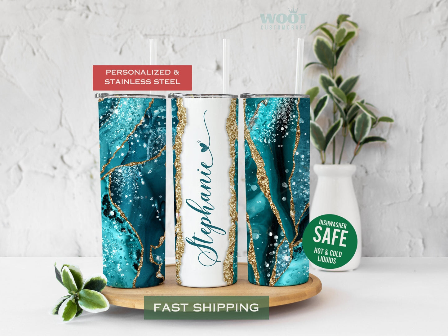 Personalized Teal Agate Tumbler - Custom Name Gift for Her or Mom