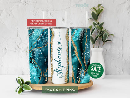Personalized Teal Agate Tumbler - Custom Name Gift for Her or Mom