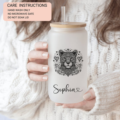 Personalized Jaguar Frosted Glass Cup - Custom Iced Coffee Tumbler for Jaguar Lovers