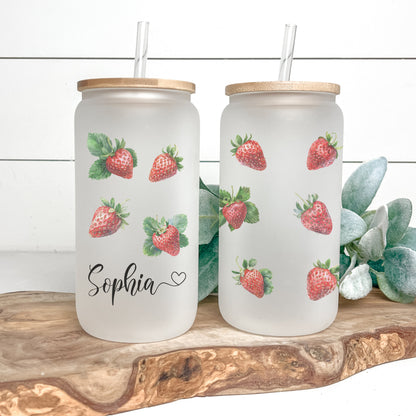 Personalized Strawberry Frosted Glass Tumbler - Custom Iced Coffee Cup for Fruit Lovers