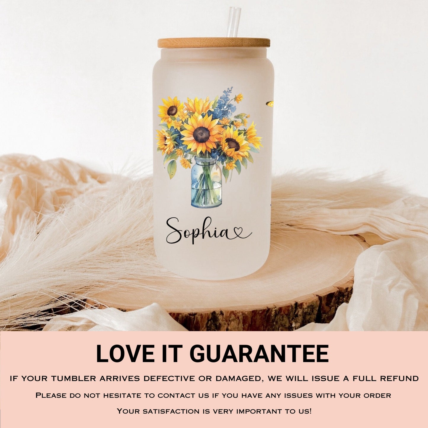 Personalized Sunflower Frosted Glass Cup - Custom Flower Tumbler for Mom