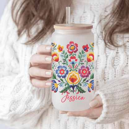 Personalized iced coffee cup with beautiful floral embroidery prints ideal for celebrating Mexican culture in everyday use
