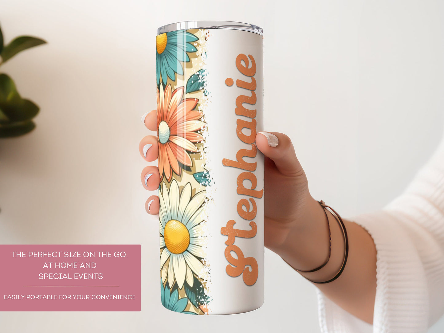 Personalized Retro Floral Tumbler - Custom Vintage Daisy Groovy Gift
