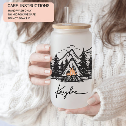 Personalized Camping Frosted Glass Tumbler - Custom Cup for Outdoor & Coffee Lovers