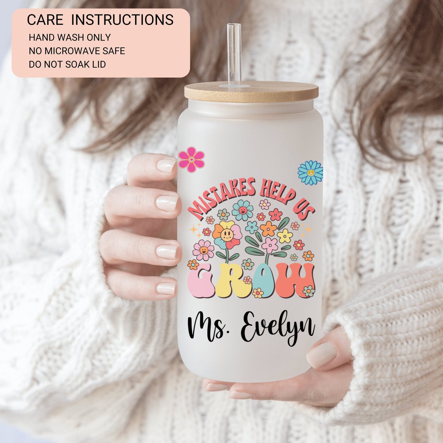 Personalized Teacher Frosted Glass Tumbler - Custom Iced Coffee Cup Gift