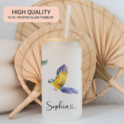 Personalized Parrot Glass Tumbler - Custom Frosted Cup for Coffee Lovers
