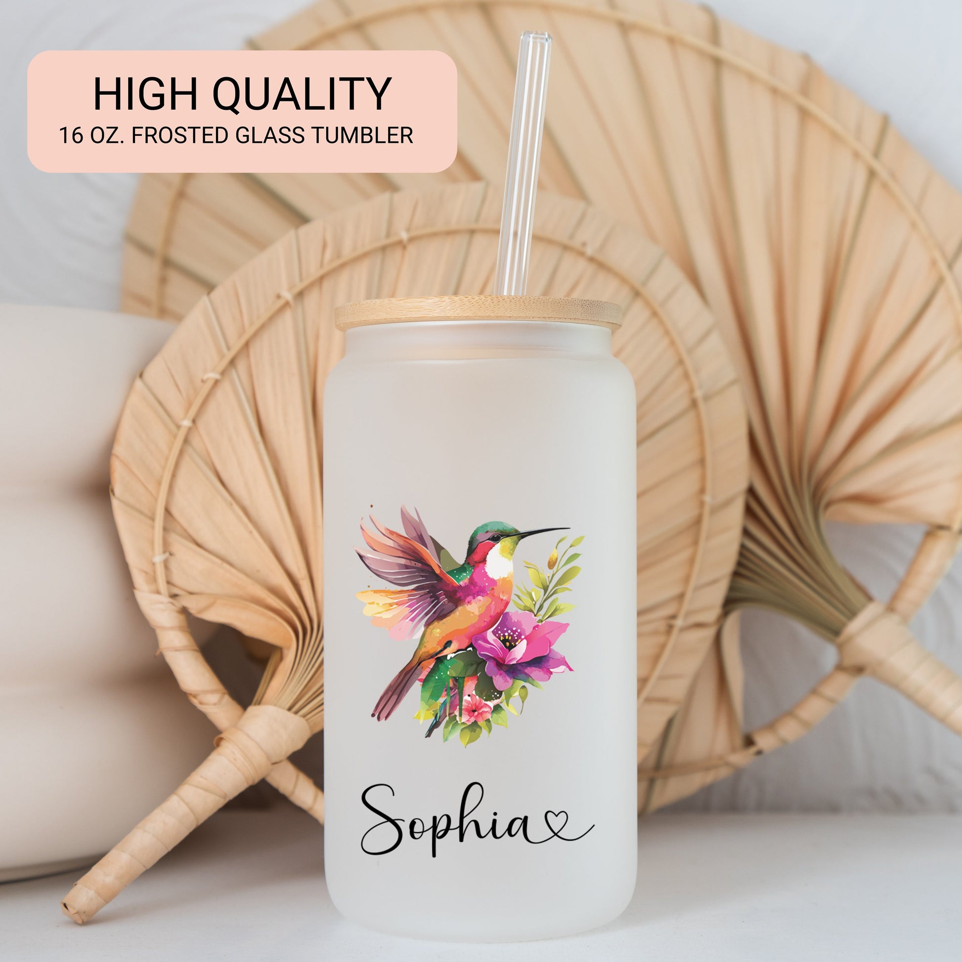 Personalized Glass Tumbler Hummingbird Iced Coffee Cup