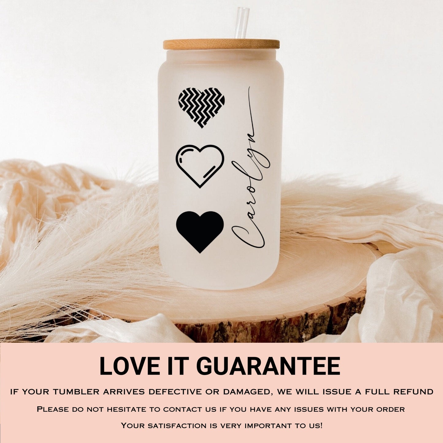 Heart Cup Personalized, B&W Heart Glass Cup, Custom Heart Frosted Glass Cup, Heart Glass Tumbler B and W, Heart Iced Coffee Cup Love Cup