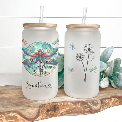Personalized Dragonfly Glass Cup - Custom Frosted Tumbler for Coffee Lovers