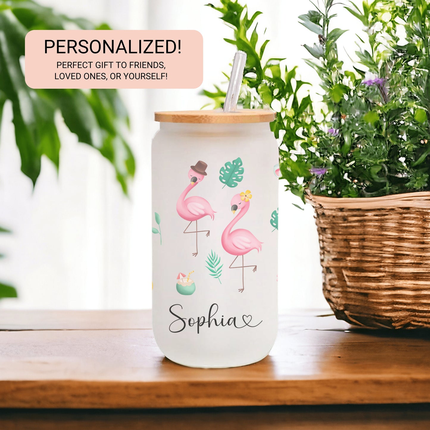 Personalized Flamingo Frosted Glass Tumbler - Custom Iced Coffee Cup