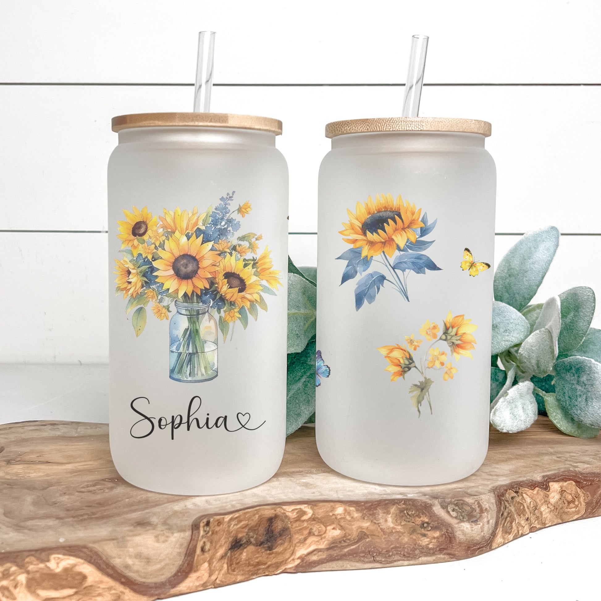Flower Glass Cup Custom Sunflower Frosted Glass Cup For Mom