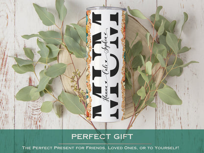 Personalized Retro Flower Tumbler - Custom Mum Gift with Kids' Names for Mothers Day