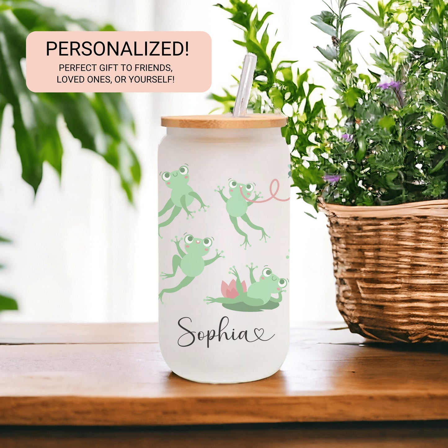 Personalized Frog Frosted Glass Tumbler - Custom Iced Coffee Cup for Frog Lovers