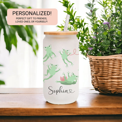 Personalized Frog Frosted Glass Tumbler - Custom Iced Coffee Cup for Frog Lovers