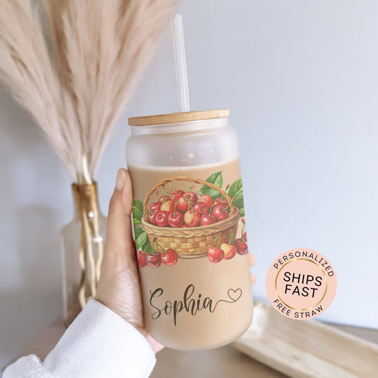 Personalized Cherry Glass Tumbler - Custom Frosted Cup for Iced Coffee Lovers