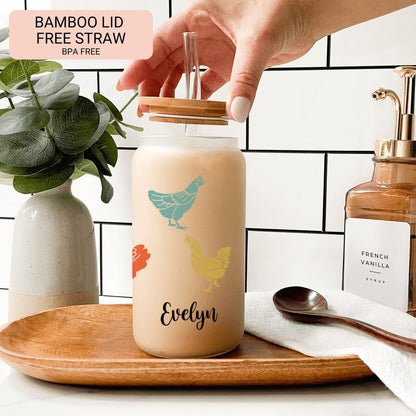 Personalized Chicken Frosted Glass Tumbler - Custom Iced Coffee Cup Gift