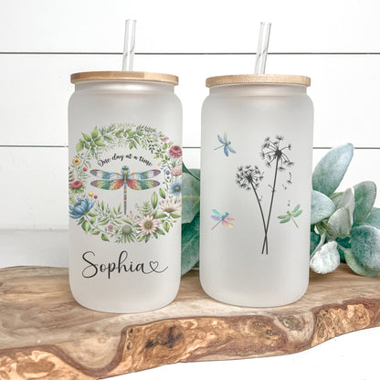 Personalized Dragonfly Frosted Glass Cup - Custom Tumbler for Coffee Lovers
