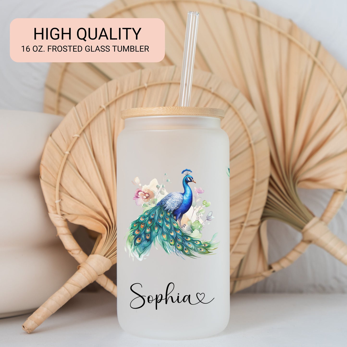 Custom Peacock Frosted Glass Cup Peacock Glass Tumbler