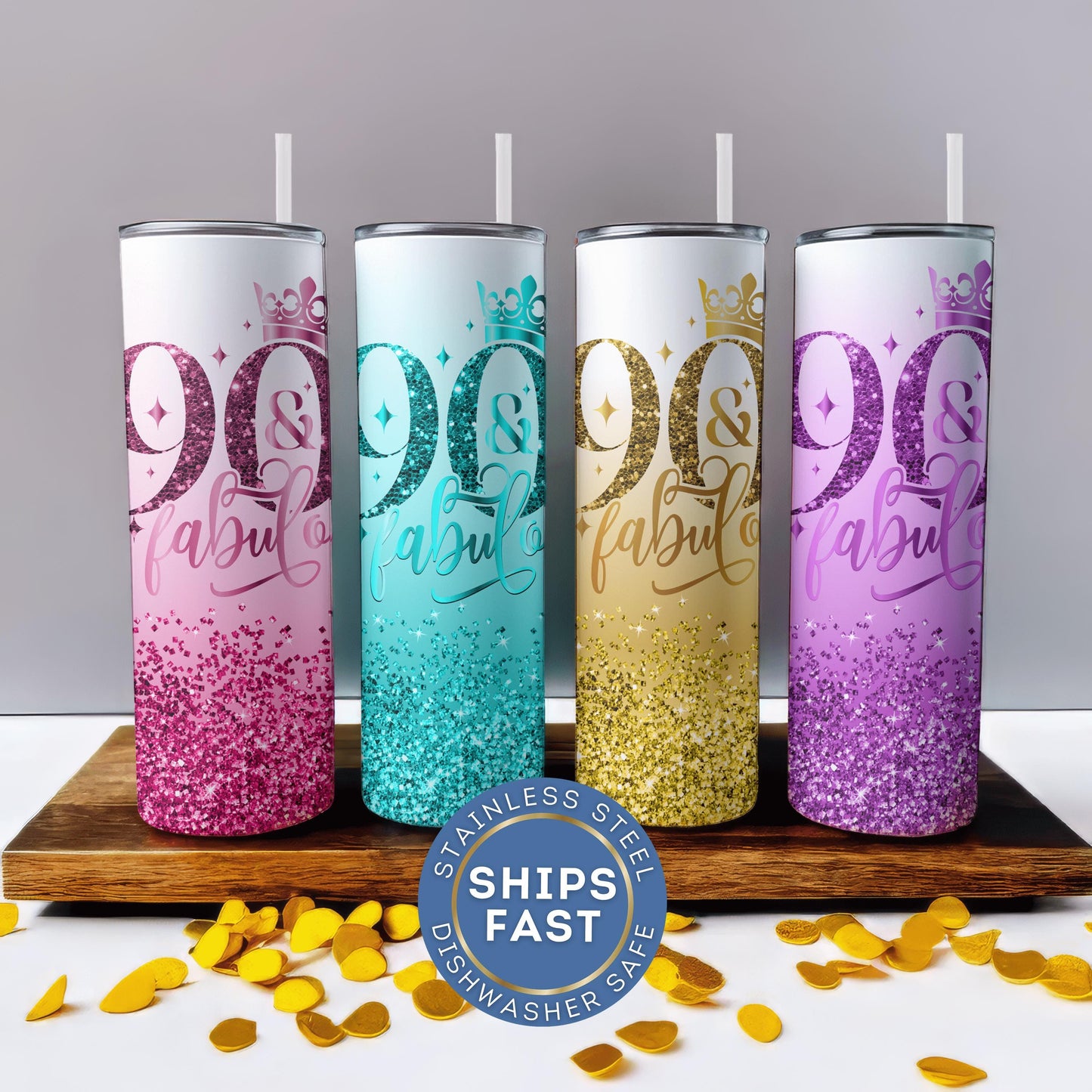 Personalized 90th Birthday Tumbler - Custom Glitter Cup Gift for Her