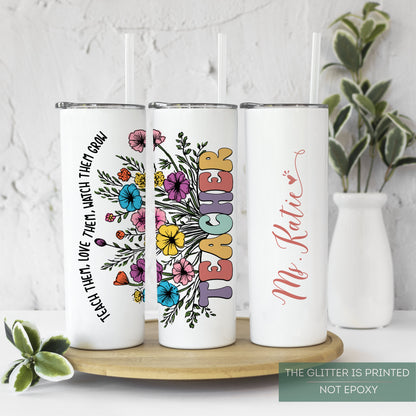 Personalized Floral Teacher Tumbler - Custom Wildflower Design for Appreciation Gift