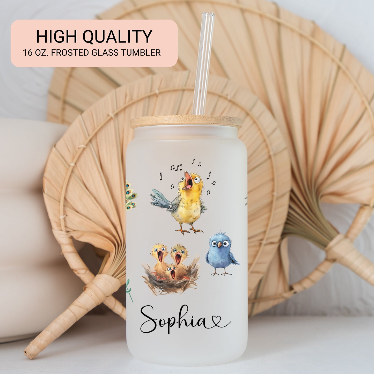 Personalized Funny Bird Glass Cup - Custom Frosted Tumbler for Iced Coffee
