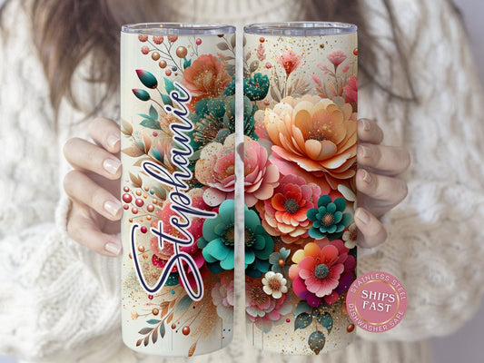 Personalized Floral Glitter Tumbler - Spring Flower Gift for Her or Mom