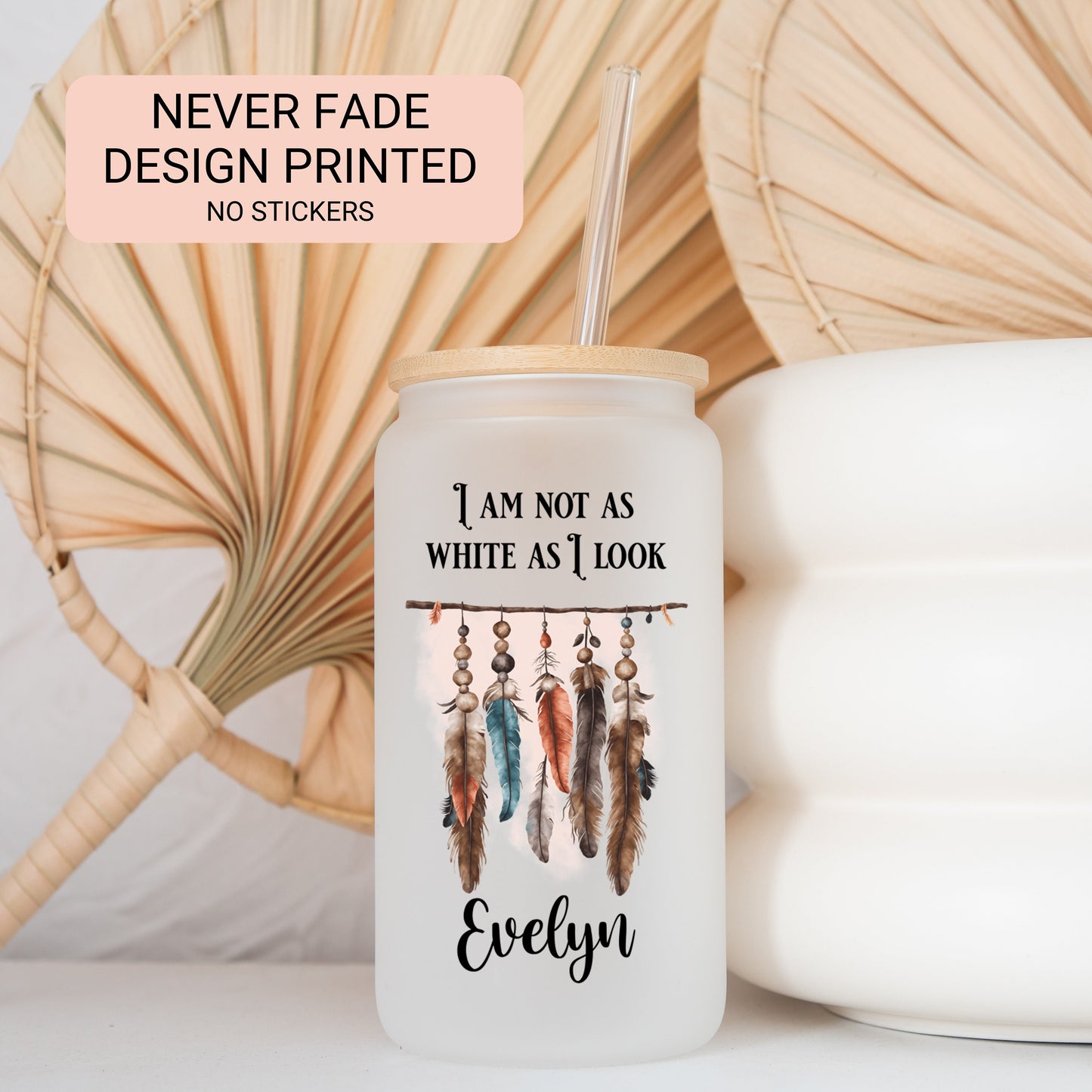 Custom Native American Frosted Glass Cup - Personalized Iced Coffee Drinkware